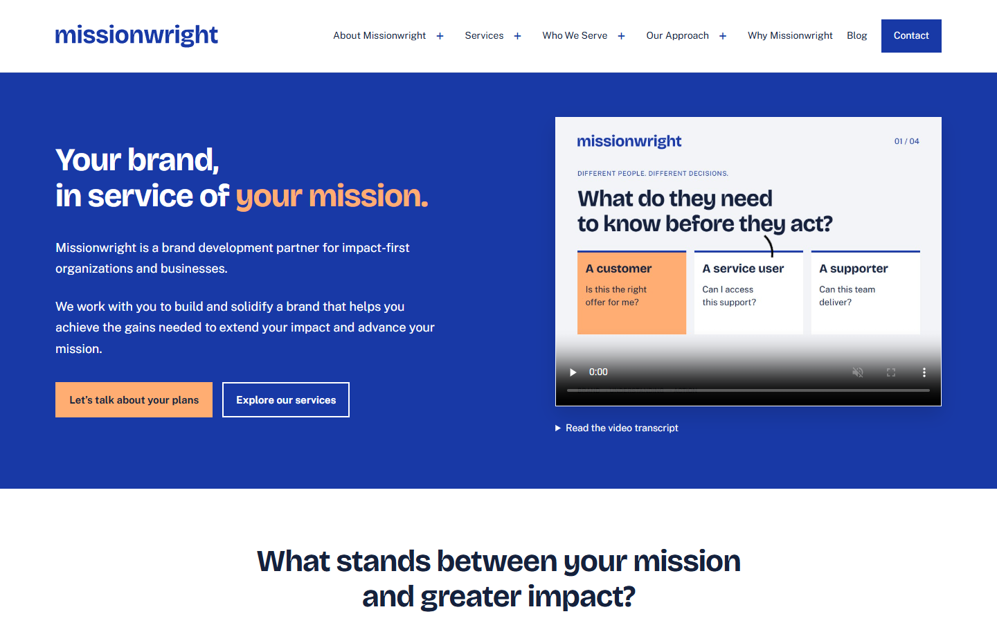 The Missionwright homepage with its brand introduction and explanatory film.